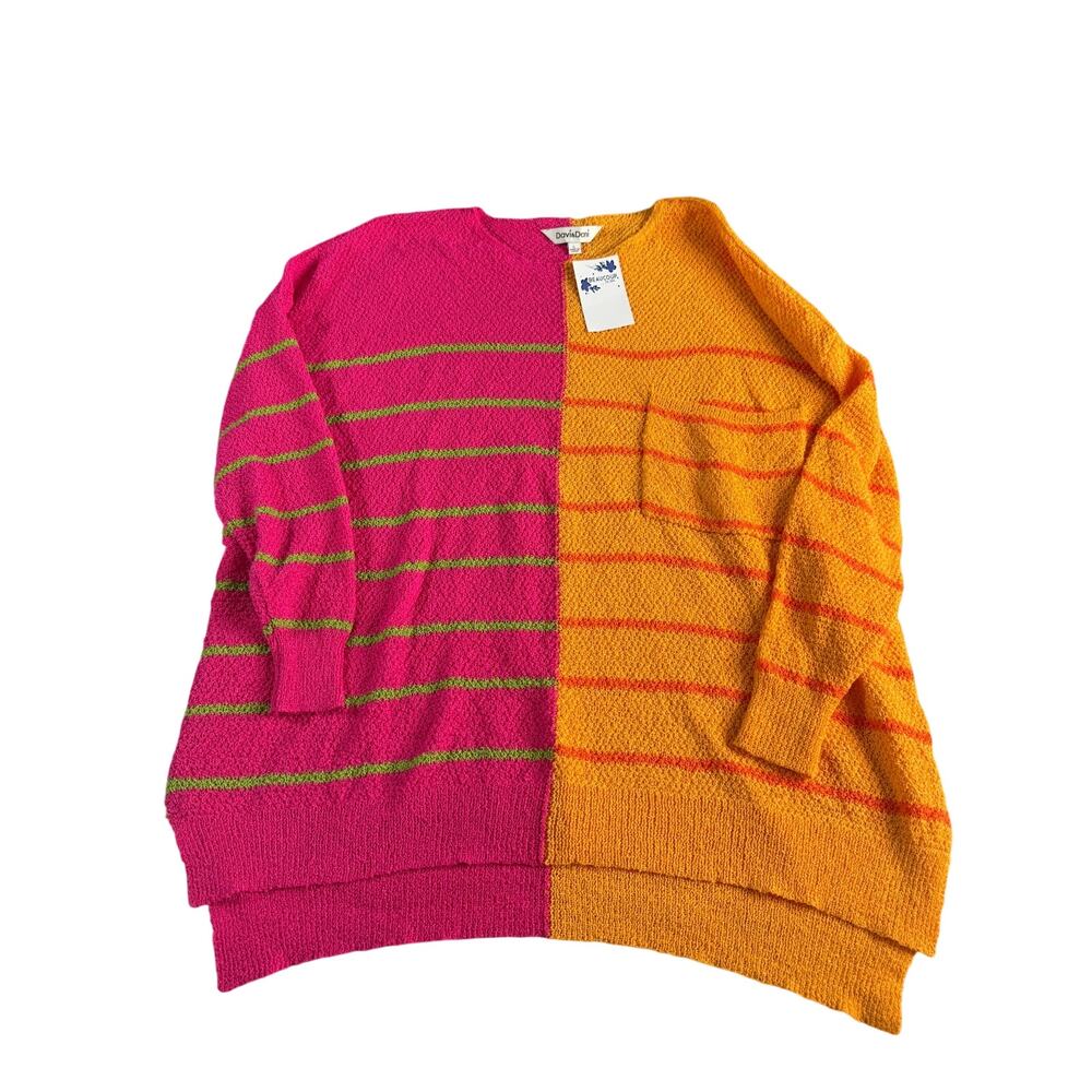 NWT Davi & Dani Colorblock Sweater Large Pink Orange Oversized Striped Knit